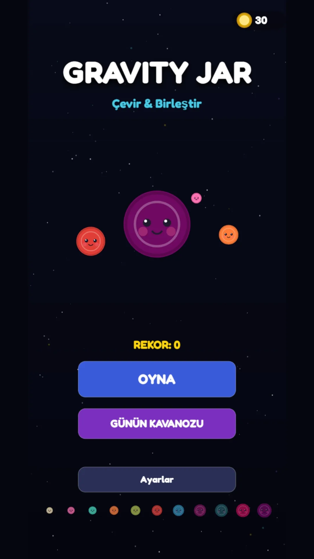 Gravity Jar ana menüsü: oyun adı, Oyna ve Günün Kavanozu düğmeleri, altta 11 aşamanın küreleri